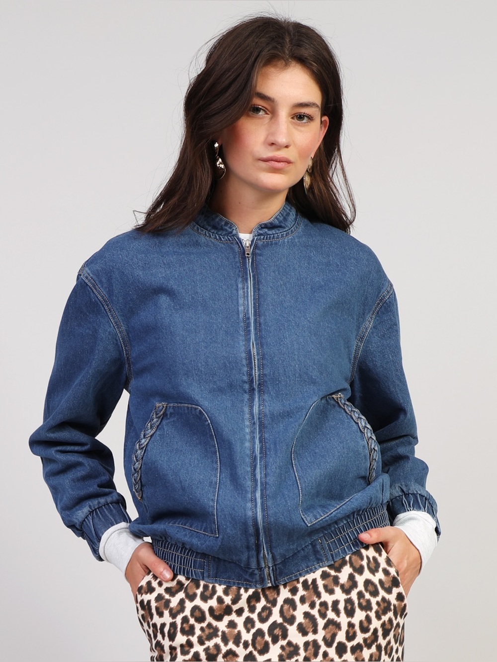 NWT Vero Moda Braid Over Bomber Denim Jacket- Med Blue Denim